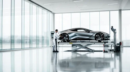 Interface moderne d'application mobile automobile avec notifications et calendrier dans un environnement d'atelier
