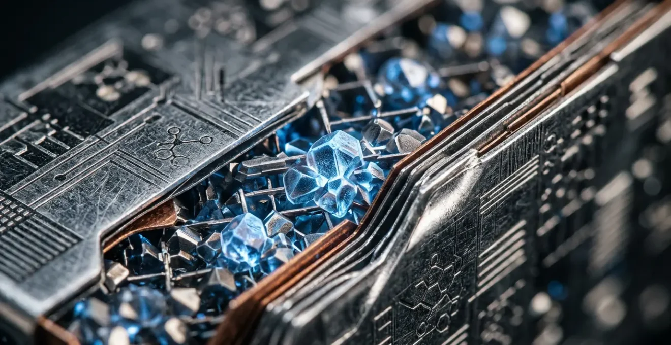 Vue macro d'une cellule de batterie lithium-ion moderne avec effets lumineux bleutés et structure cristalline visible
