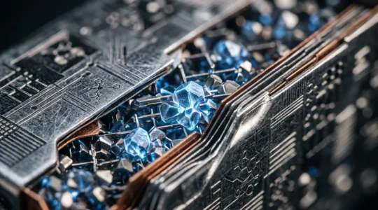 Vue macro d'une cellule de batterie lithium-ion moderne avec effets lumineux bleutés et structure cristalline visible