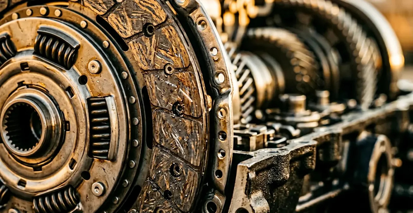 Intérieur de boîte de vitesses automatique double embrayage avec vue détaillée des disques et mécanismes