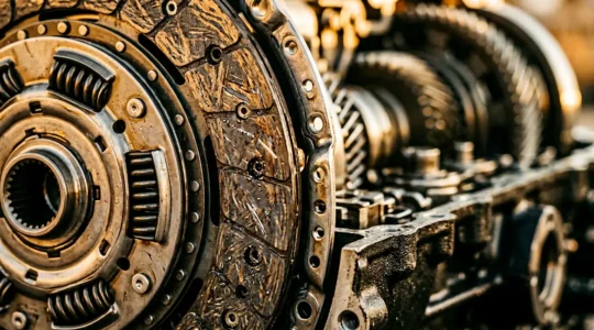 Intérieur de boîte de vitesses automatique double embrayage avec vue détaillée des disques et mécanismes