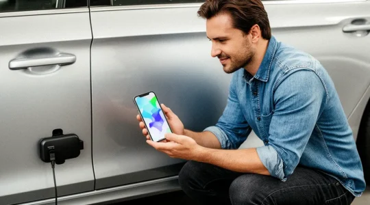 Mécanicien analysant les données OBD d'une voiture avec un boîtier connecté