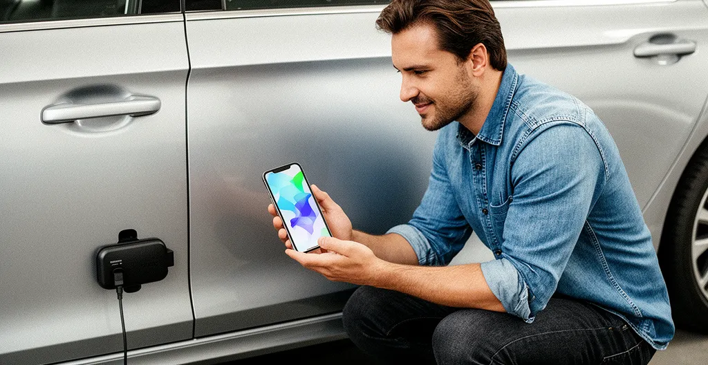 Mécanicien analysant les données OBD d'une voiture avec un boîtier connecté