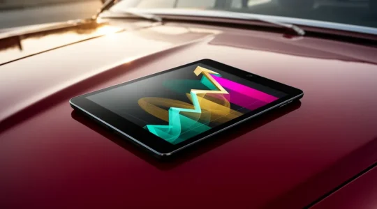 Vue rapprochée d'une tablette moderne affichant des graphiques colorés de valeur croissante, posée sur le capot brillant d'une voiture premium avec des reflets subtils
