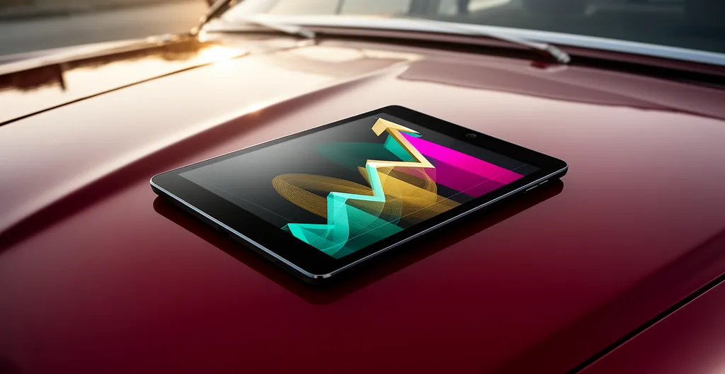 Vue rapprochée d'une tablette moderne affichant des graphiques colorés de valeur croissante, posée sur le capot brillant d'une voiture premium avec des reflets subtils