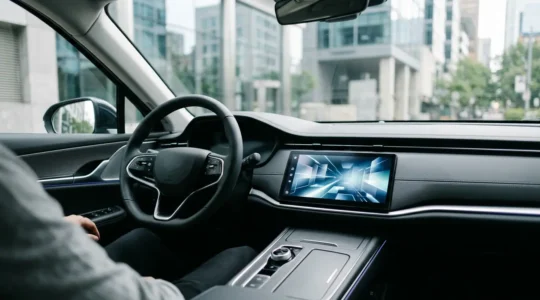 Interface de système d'infodivertissement moderne dans un véhicule avec écran tactile intégré au tableau de bord