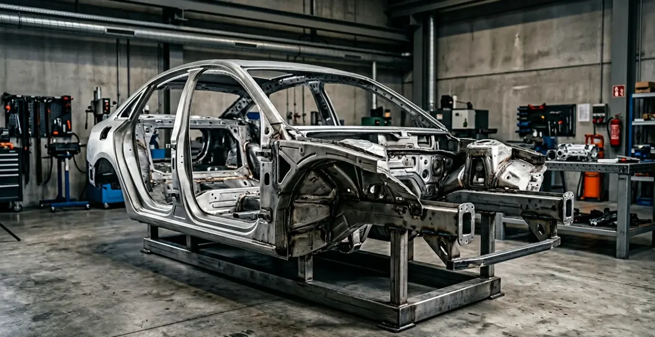 Structure de châssis automobile montrant les points de rigidité et les renforts structurels