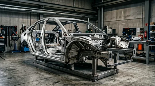 Structure de châssis automobile montrant les points de rigidité et les renforts structurels
