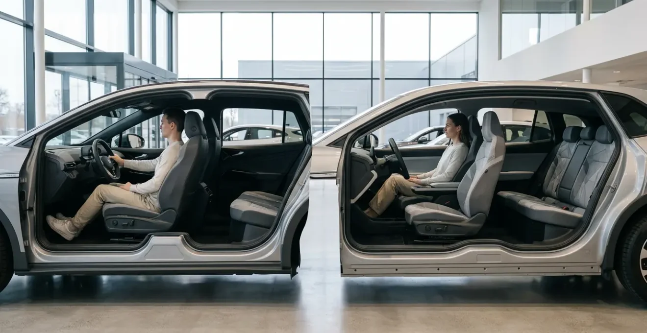 Vue intérieure comparative entre une voiture électrique sur plateforme thermique et une plateforme dédiée montrant les différences d'espace et d'habitabilité