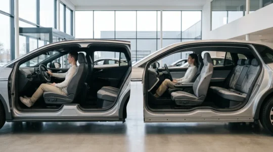 Vue intérieure comparative entre une voiture électrique sur plateforme thermique et une plateforme dédiée montrant les différences d'espace et d'habitabilité