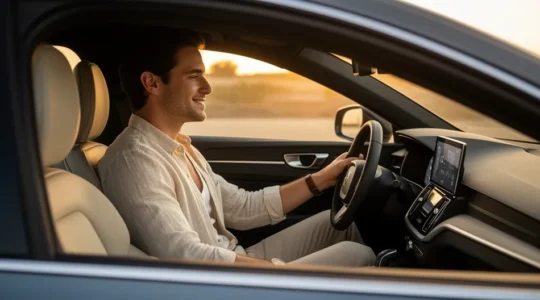Conducteur utilisant la commande vocale dans une voiture moderne avec système d'assistance intelligent