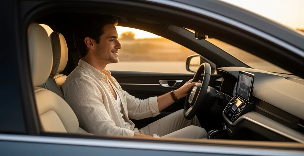 Conducteur utilisant la commande vocale dans une voiture moderne avec système d'assistance intelligent