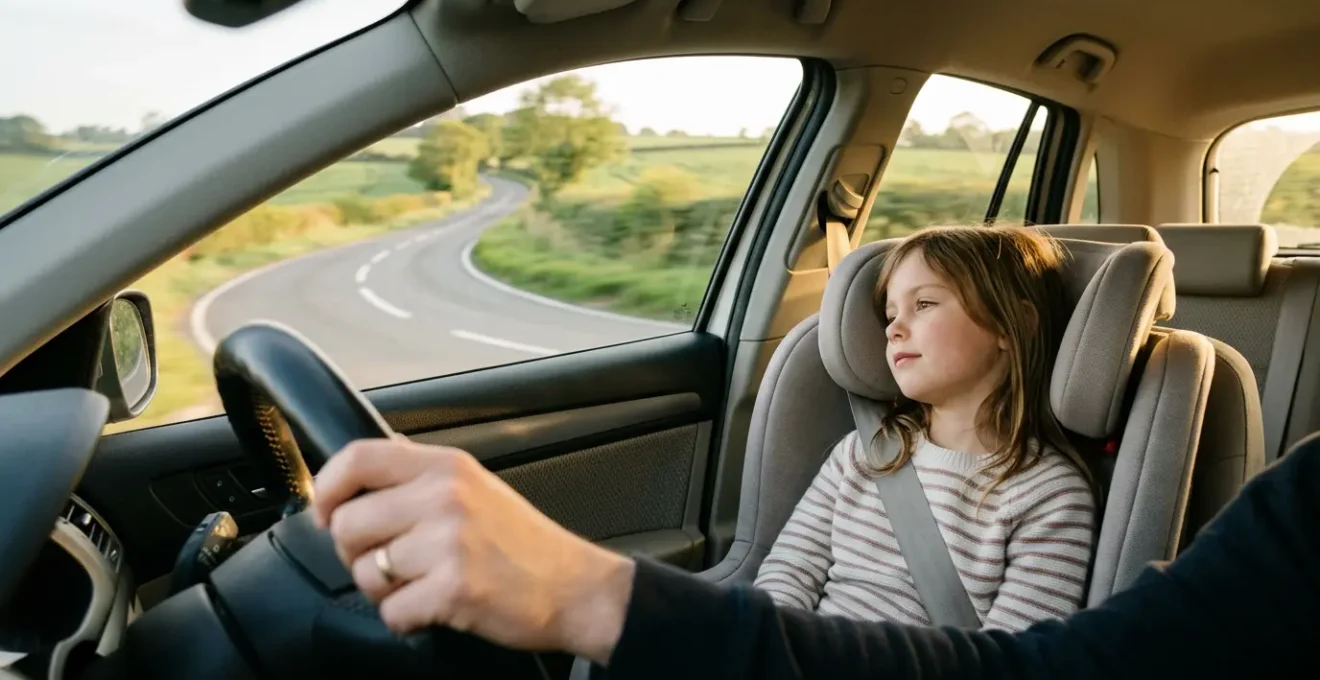 Vue intérieure d'une voiture familiale avec un enfant serein à l'arrière lors d'un trajet apaisé