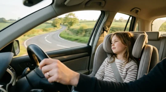 Vue intérieure d'une voiture familiale avec un enfant serein à l'arrière lors d'un trajet apaisé