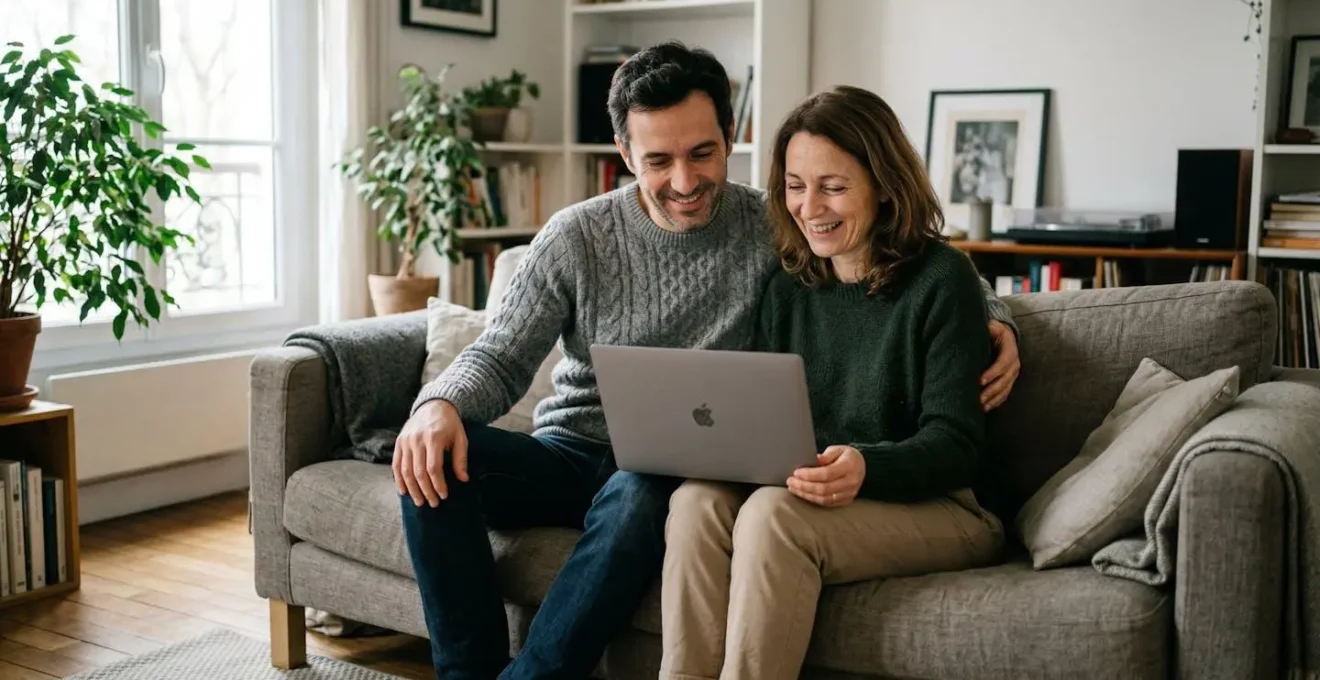 Couple consultant documents d'assurance automobile sur ordinateur dans leur salon