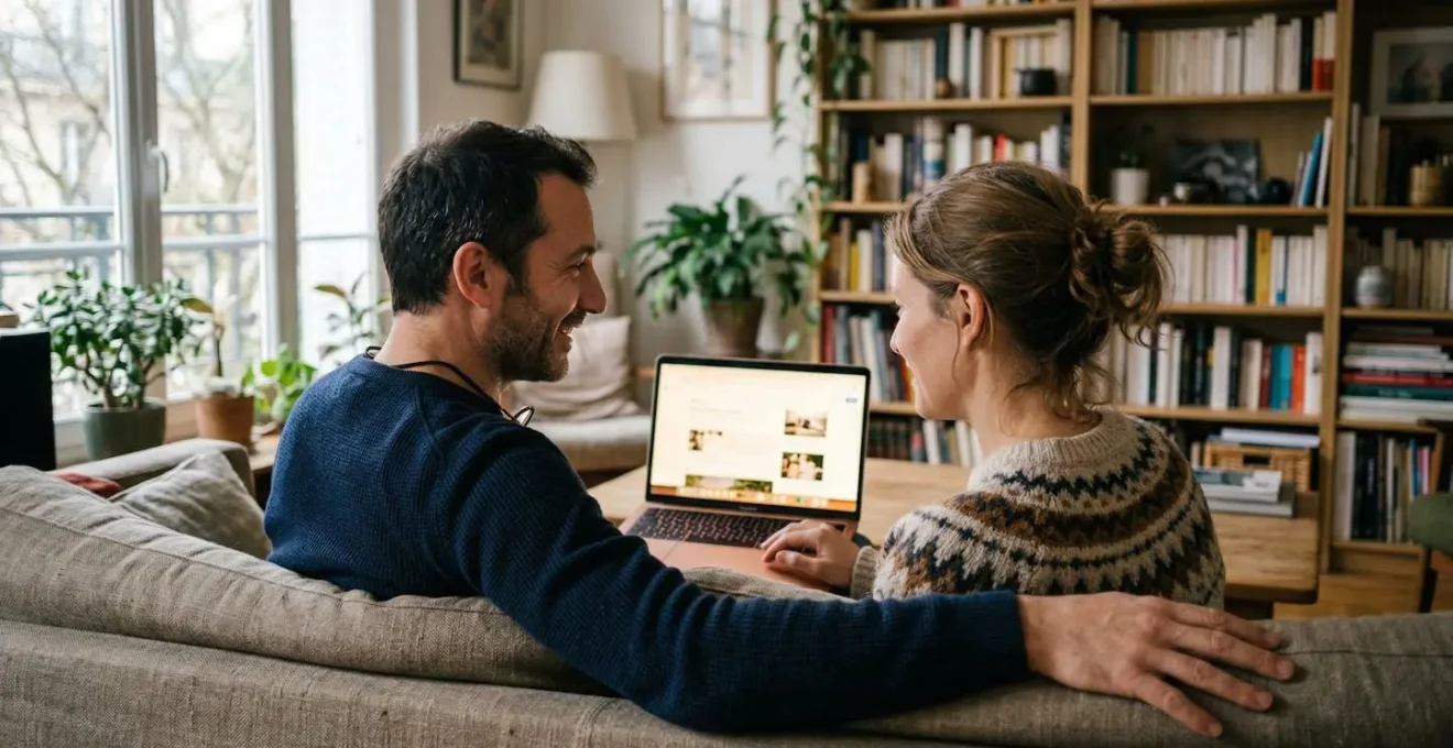 Couple consultant ensemble les documents de leur assurance auto sur ordinateur