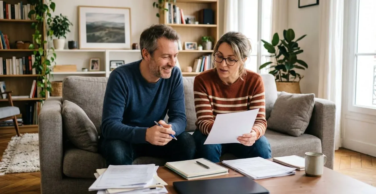 Couple consultant des documents d'assurance dans leur salon