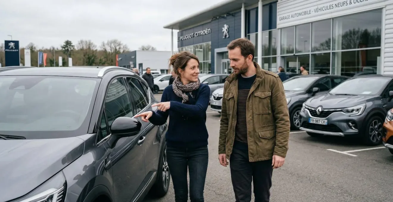 Couple trentenaire inspectant leur nouvelle voiture LLD sur un parking de concession automobile