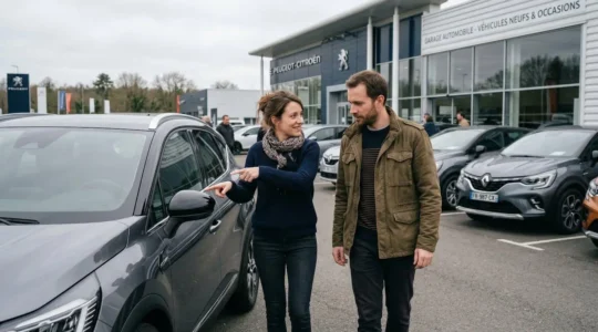 Couple trentenaire inspectant leur nouvelle voiture LLD sur un parking de concession automobile
