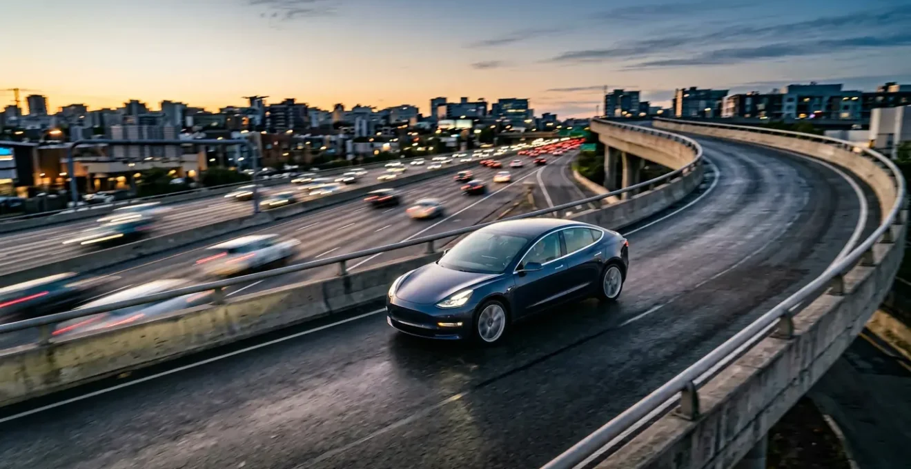 Vue dynamique d'une voiture électrique moderne s'insérant en toute fluidité sur une bretelle de périphérique urbain avec effet de mouvement