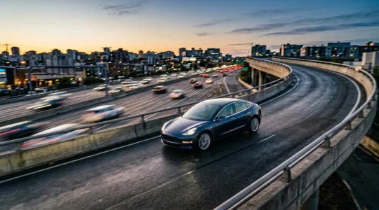Vue dynamique d'une voiture électrique moderne s'insérant en toute fluidité sur une bretelle de périphérique urbain avec effet de mouvement