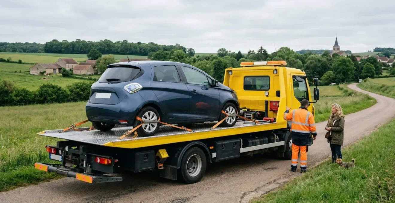 Dépanneuse plateau transportant un véhicule électrique sur une route française