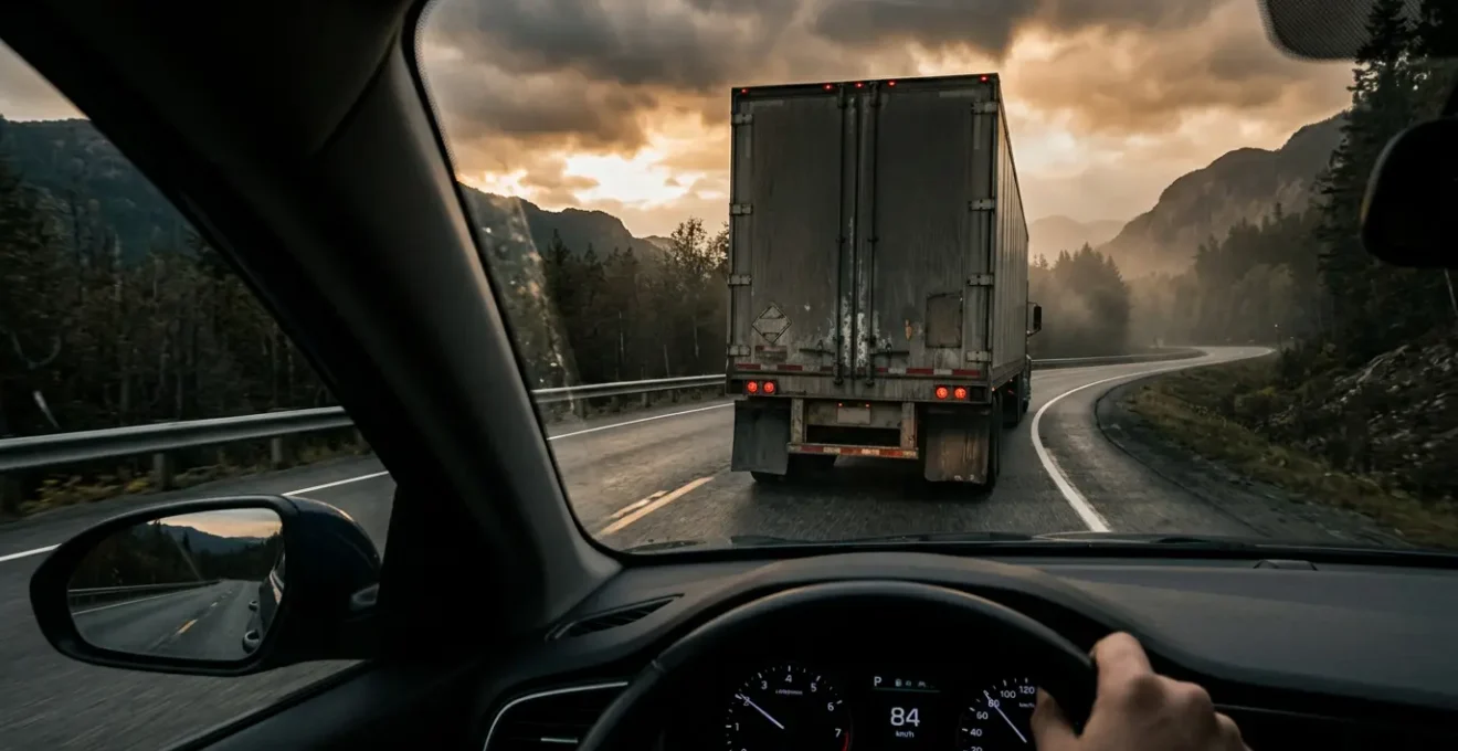 Vue conducteur sur route nationale avec camion devant dans un virage, rétroviseurs visibles et visibilité limitée