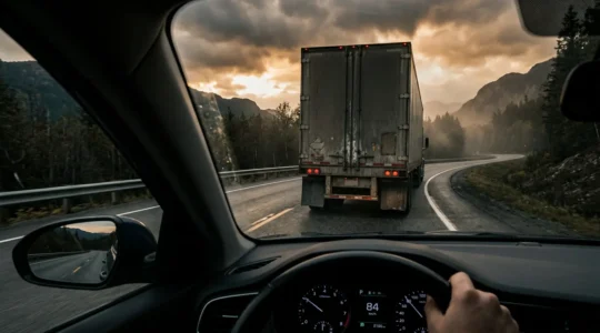 Vue conducteur sur route nationale avec camion devant dans un virage, rétroviseurs visibles et visibilité limitée