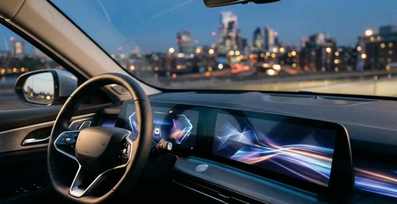 Intérieur de voiture moderne avec tableau de bord numérique et flux de données abstraits
