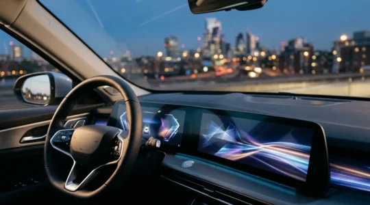 Intérieur de voiture moderne avec tableau de bord numérique et flux de données abstraits