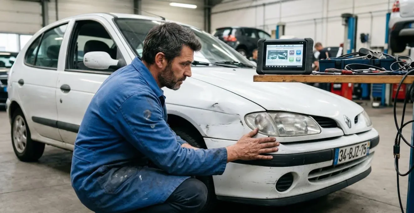 Expert automobile inspectant les dégâts sur l'aile avant d'un véhicule dans un garage professionnel