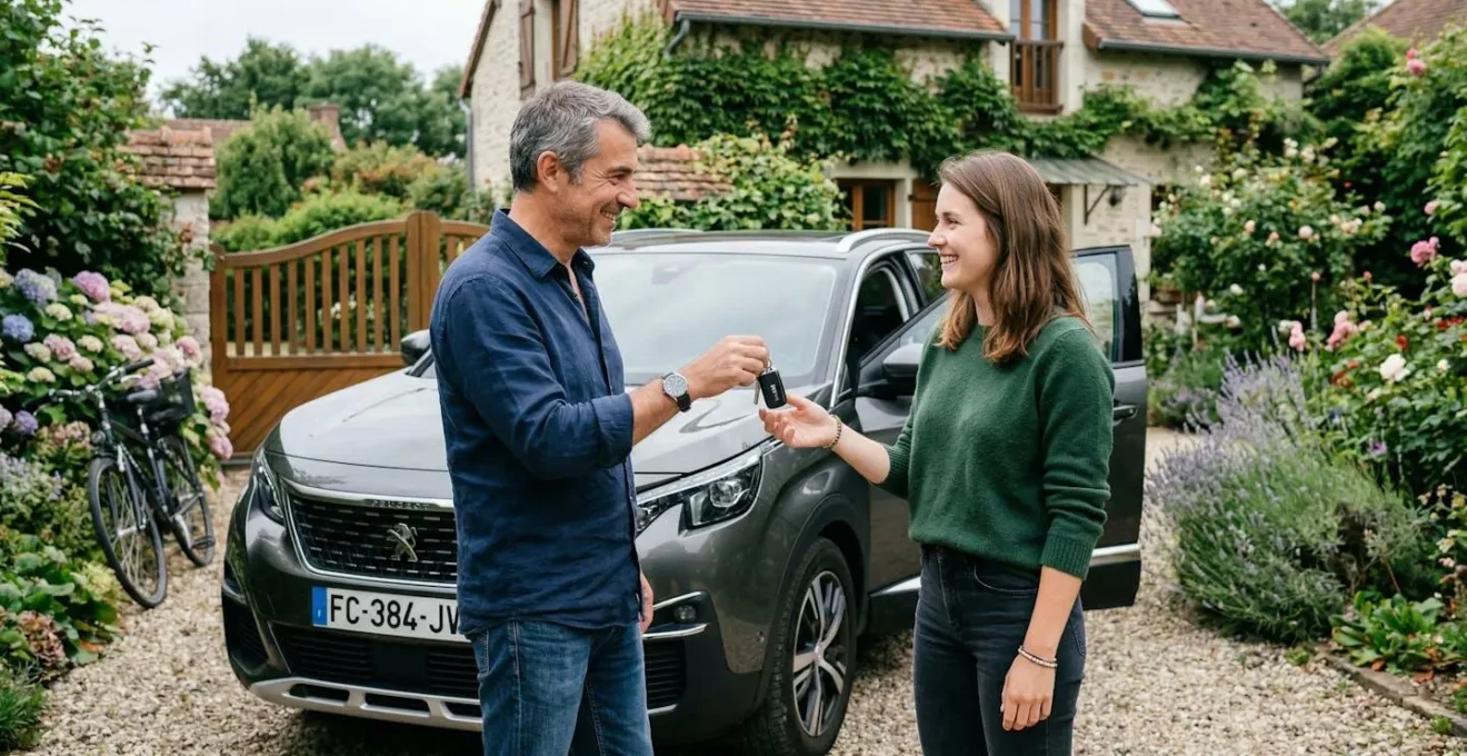 Père transmettant les clés de voiture à sa fille adulte devant véhicule familial