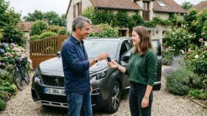 Père transmettant les clés de voiture à sa fille adulte devant véhicule familial