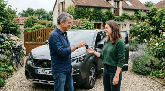 Père transmettant les clés de voiture à sa fille adulte devant véhicule familial