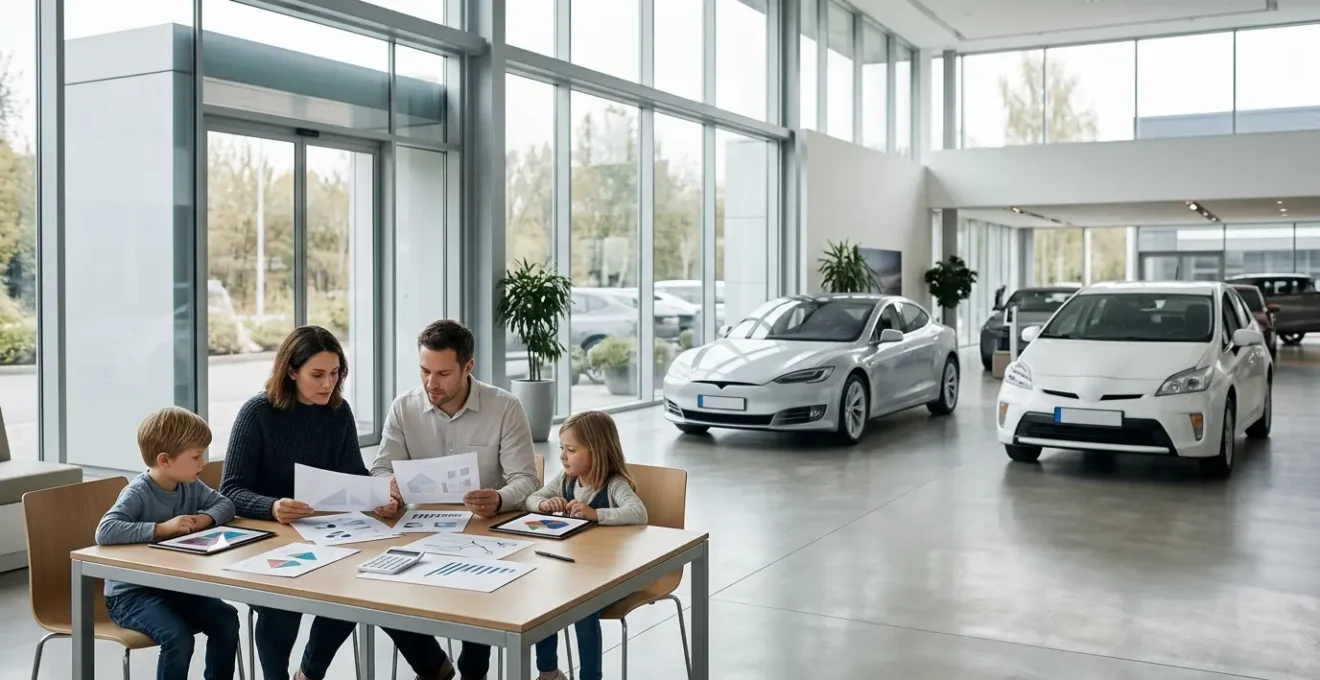Famille analysant des documents financiers près d'une voiture électrique dans une concession automobile moderne
