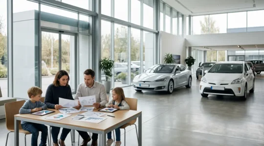 Famille analysant des documents financiers près d'une voiture électrique dans une concession automobile moderne