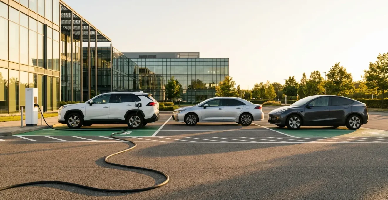 Parc automobile d'entreprise moderne avec véhicules hybrides et bornes de recharge