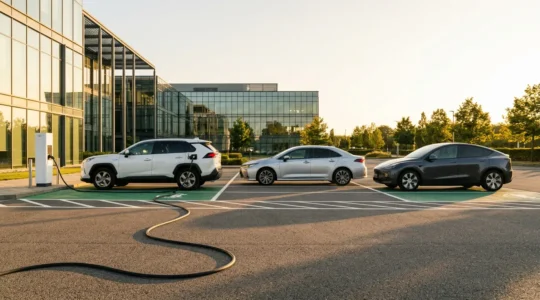 Parc automobile d'entreprise moderne avec véhicules hybrides et bornes de recharge