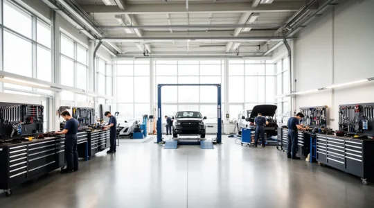 Vue d'ensemble d'un atelier automobile moderne avec plusieurs baies de réparation organisées et un flux de travail optimisé