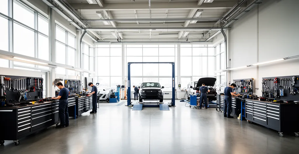 Vue d'ensemble d'un atelier automobile moderne avec plusieurs baies de réparation organisées et un flux de travail optimisé
