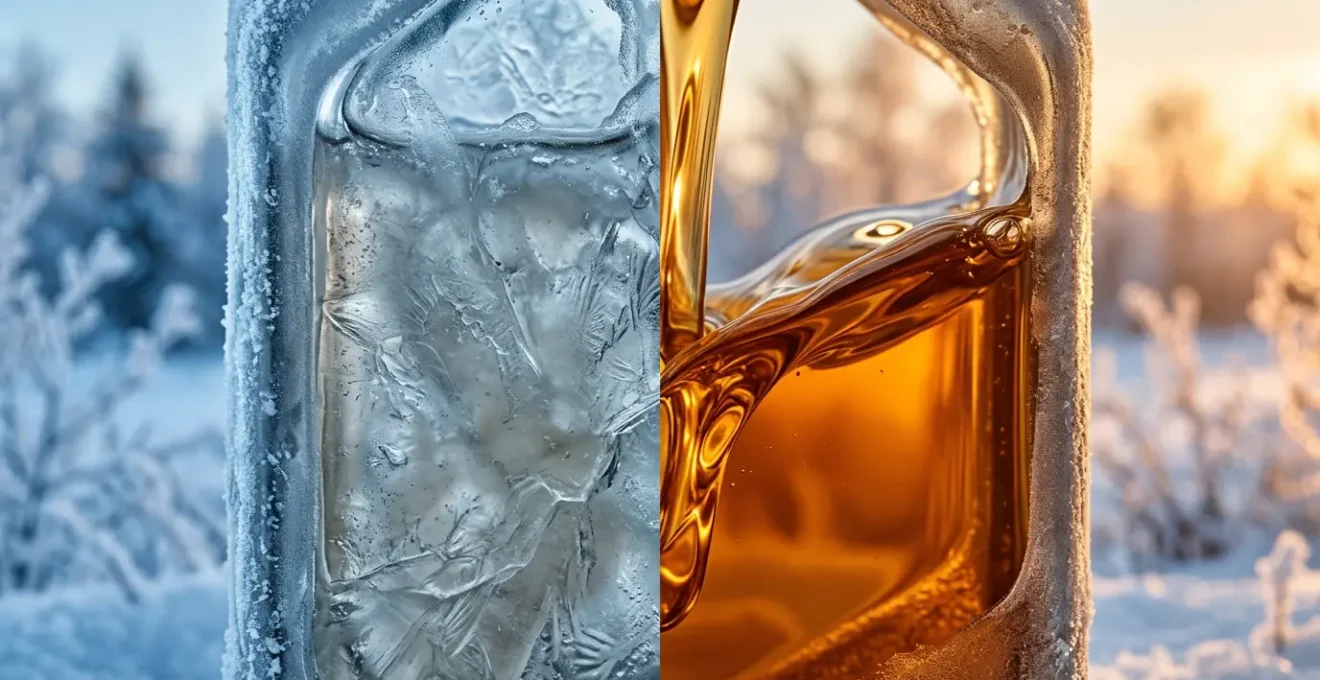 Comparaison visuelle entre huiles moteur 0W20 et 5W30 pour démarrages hivernaux