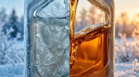 Comparaison visuelle entre huiles moteur 0W20 et 5W30 pour démarrages hivernaux