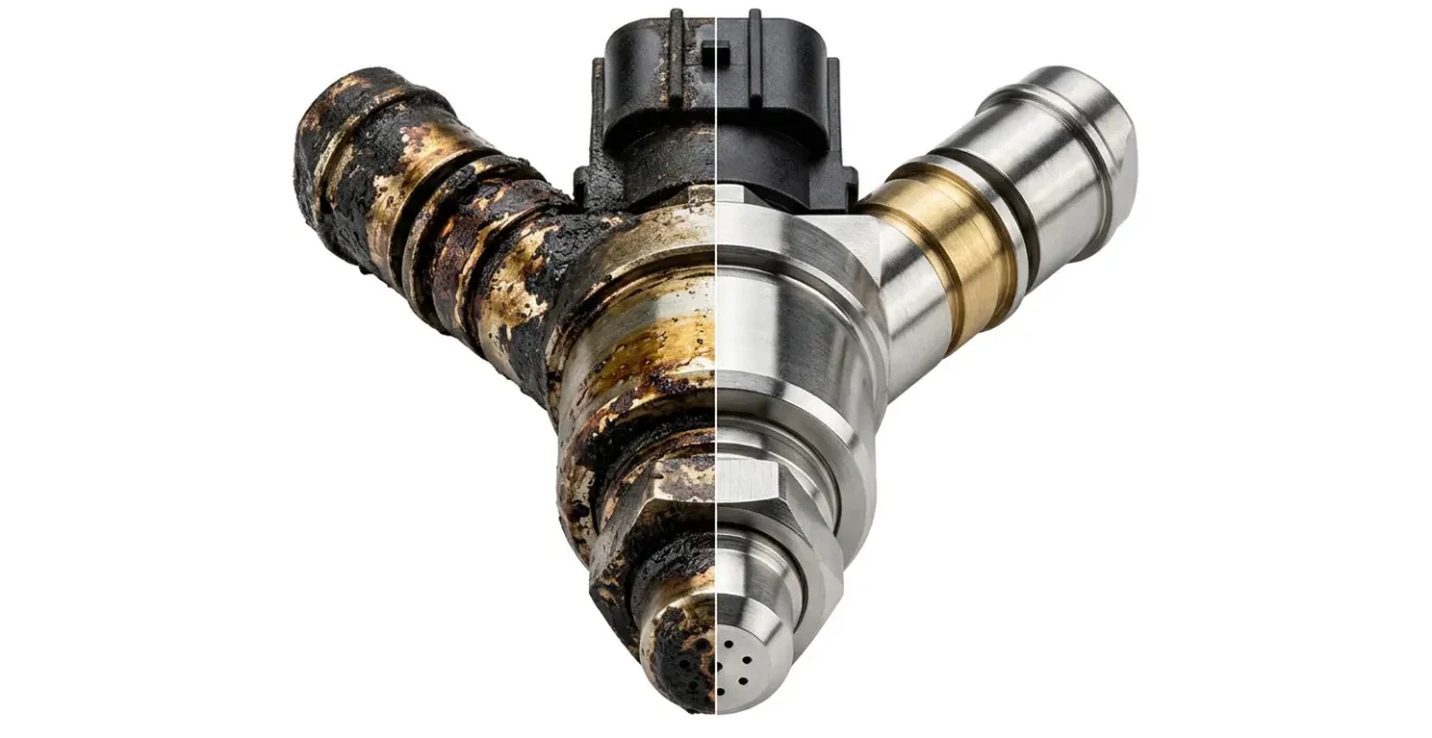 Comparaison photographique d'un injecteur avant et après entretien préventif, illustrant l'importance de la maintenance régulière