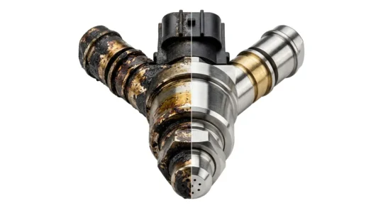 Comparaison photographique d'un injecteur avant et après entretien préventif, illustrant l'importance de la maintenance régulière