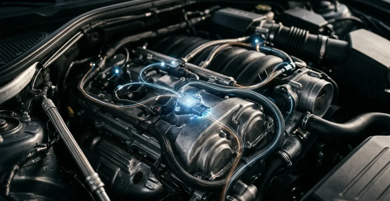 Vue rapprochée d'un tableau de bord automobile moderne avec capteurs illuminés et flux de données visuels