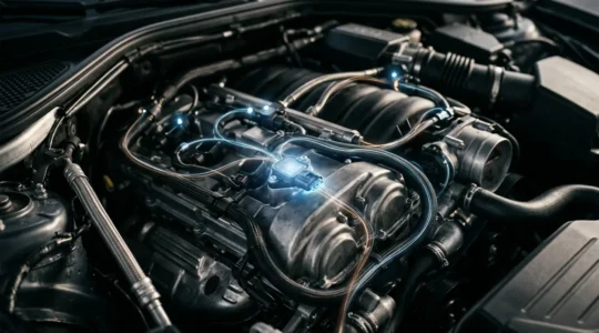 Vue rapprochée d'un tableau de bord automobile moderne avec capteurs illuminés et flux de données visuels