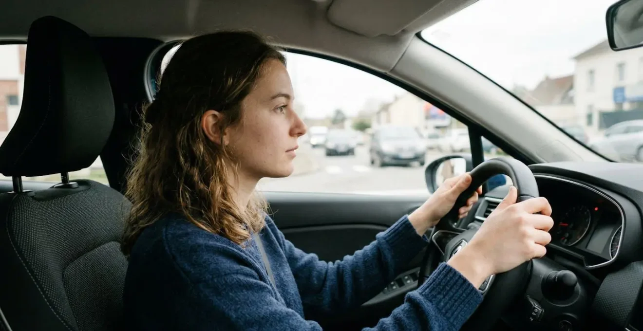 Jeune conductrice concentrée au volant de sa voiture