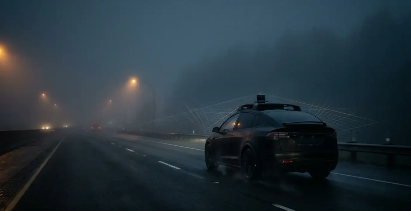 Voiture autonome utilisant le LiDAR pour naviguer dans le brouillard nocturne avec visualisation des faisceaux laser