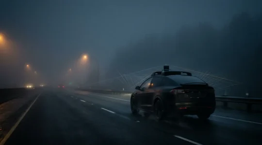 Voiture autonome utilisant le LiDAR pour naviguer dans le brouillard nocturne avec visualisation des faisceaux laser