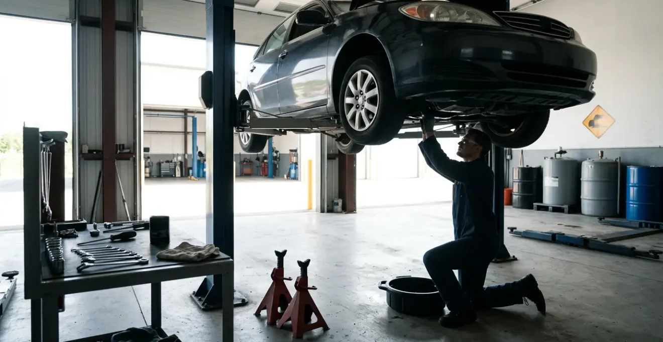 Amateur faisant une vidange sous sa voiture dans un garage mal équipé avec des outils inadaptés